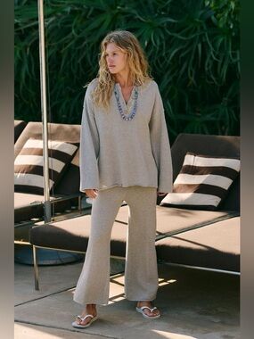 Free People FP Beach Hailee Sweater Pants XS Gray Knit Wide Leg Lounge Boho